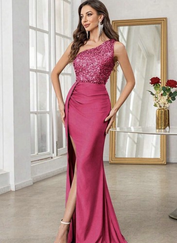 Pink one shoulder prom - one,